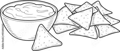 Illustration of a bowl of dip with a pile of tortilla chips nearby