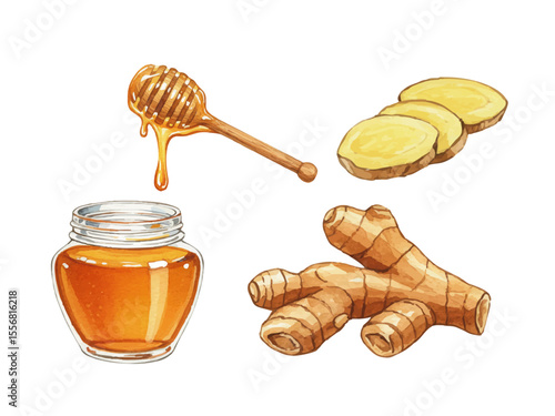 Vector watercolor Honey and ginger / 水彩テイストのはちみつ生姜イラスト