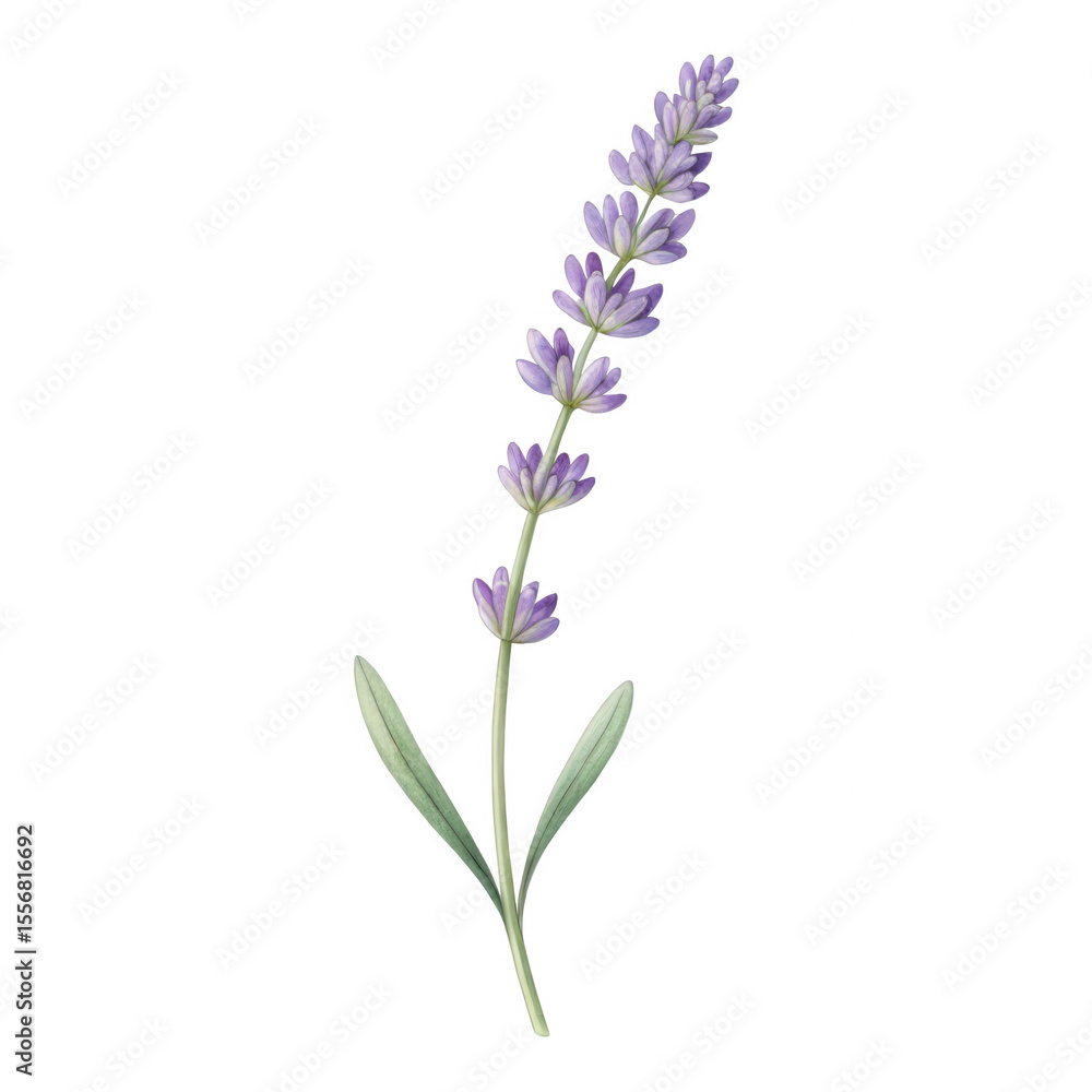 Obraz premium Single Lavender Flower Stem with Purple Petals and Green Leaves on White Background