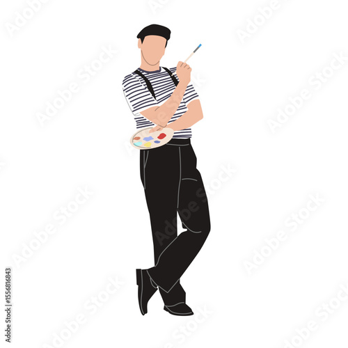 Vector illustration of a male artist holding a brush and paint palette. Dressed in striped shirt and beret, ideal for creative, art, painting, or artistic profession themes.
