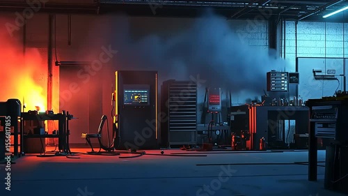 Wallpaper Mural Industrial workshop with machinery and tools, illuminated by contrasting warm and cool lighting Torontodigital.ca