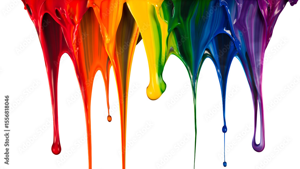 Naklejka premium Vibrant rainbow paint dripping in streams against a black background isolated on a transparent background