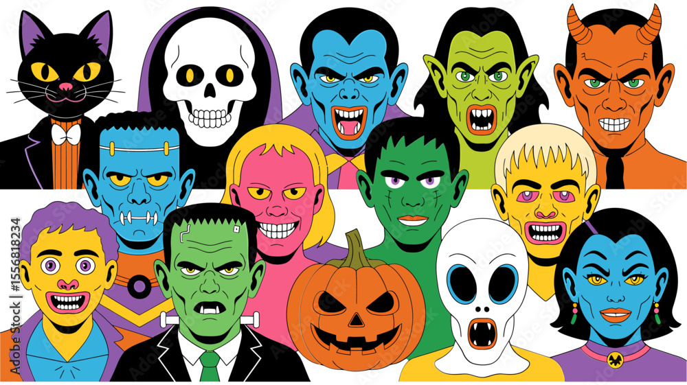 Vector art of halloween monsters and spooky faces isolated on white background Vector art of halloween monsters and spooky faces isolated on white background