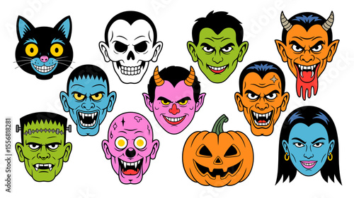 Vector art of assorted halloween monster faces isolated on white background