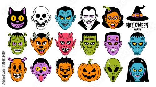 Vector art of cartoon halloween monster faces with happy halloween text isolated on white