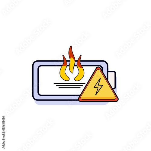 An icon depicting a battery on fire with a warning triangle and lightning bolt, signifying overheating and a potential hazard. Critical safety alert.