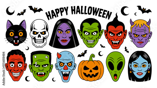 Vector art of cartoon halloween monster faces with happy halloween text isolated on white