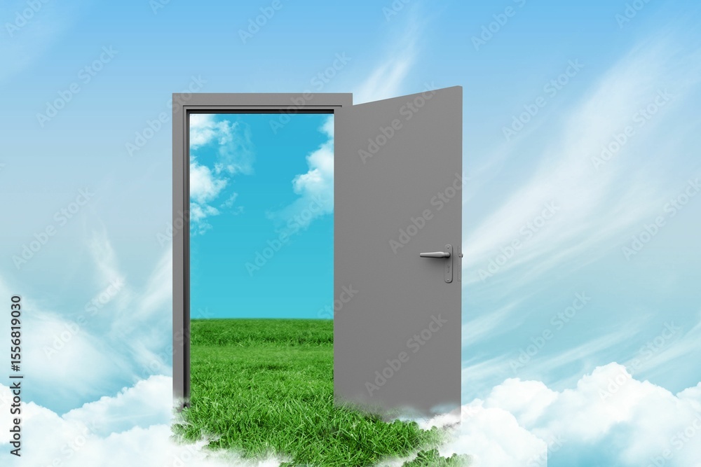Obraz premium Open door with grass in sky