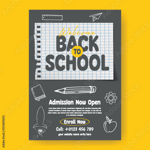 school admission and Back to school print flyer or poster editable template for preschool, educational, online learning editable flyer or poster with educational supplies elements design