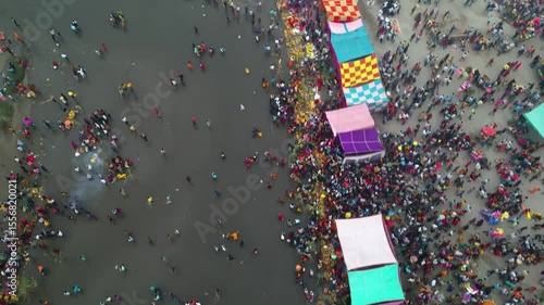 Aerial view of Chhath Puja celebrated in satluj river, punjab, india.