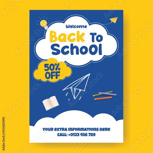 Back to school sale offer and sale promotion flyer or poster template, school admission and educational print flyer or poster, online learning and kindergarten leaflet, brochure cover design