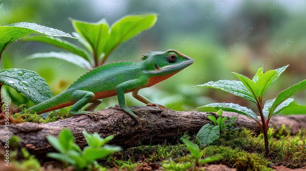 Fototapeta premium Lizard on log in a lush forest