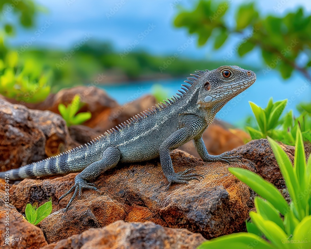 Fototapeta premium Lizard on rocks by water