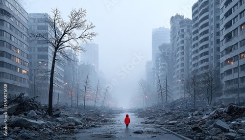 Fototapeta Naklejka Na Ścianę i Meble -  Lonely child in a ravaged city
