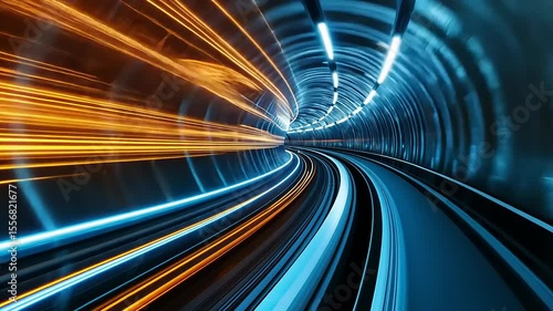 Dynamic motion through a futuristic tunnel with vibrant light streaks and a sense of speed