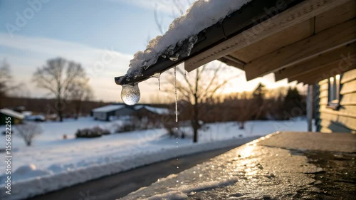 Icicle Melt Roof Snow Winter Sunset Golden Light Glow