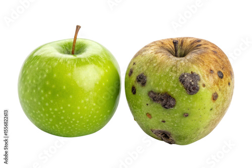 One fresh green apple and one damaged bruised apple with brown spots isolated on transparent background