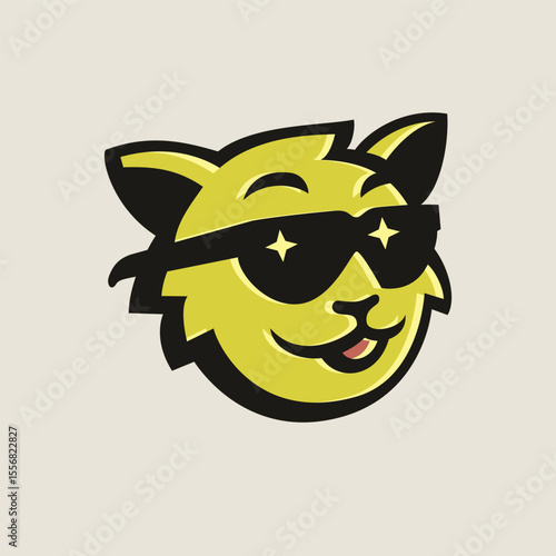 Happy and fun cat cartoon character mascot style wearing shade glasses with sparkling stars. Portrait profile for logo and icon illustration