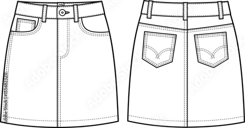 Classic A-Line Mini Skirt Flat Sketch, Women's Denim Style Design with Pockets and Belt Loops, Fashion Apparel Template for Casual and Everyday Wear.