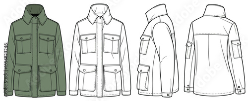 Classic Field Jacket Flat Sketch, Men's Outerwear Design with Multiple Pockets and Collared Neck, Fashion Apparel Template for Casual and Utility Wear.