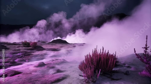 Geothermal Landscape Rock Steam Purple Night Misty Atmosphere