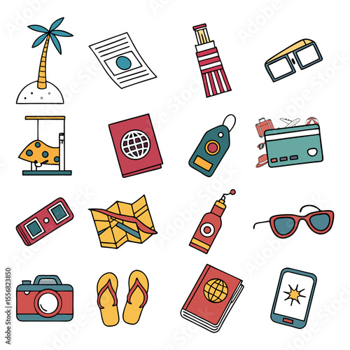 Travel and Adventure Colorful Vector Icons Set – Vacation, Outdoor, Hiking, Camping, Navigation & Tourism Elements .

