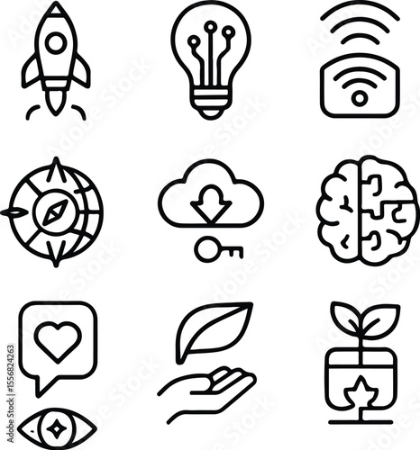 A Fusion of Nature, A balanced visual blend of icons—rocket, brain, leaf, and cloud—evokes smart growth, environmental mindfulness, digital evolution, and innovative energy in a clean, modern style."