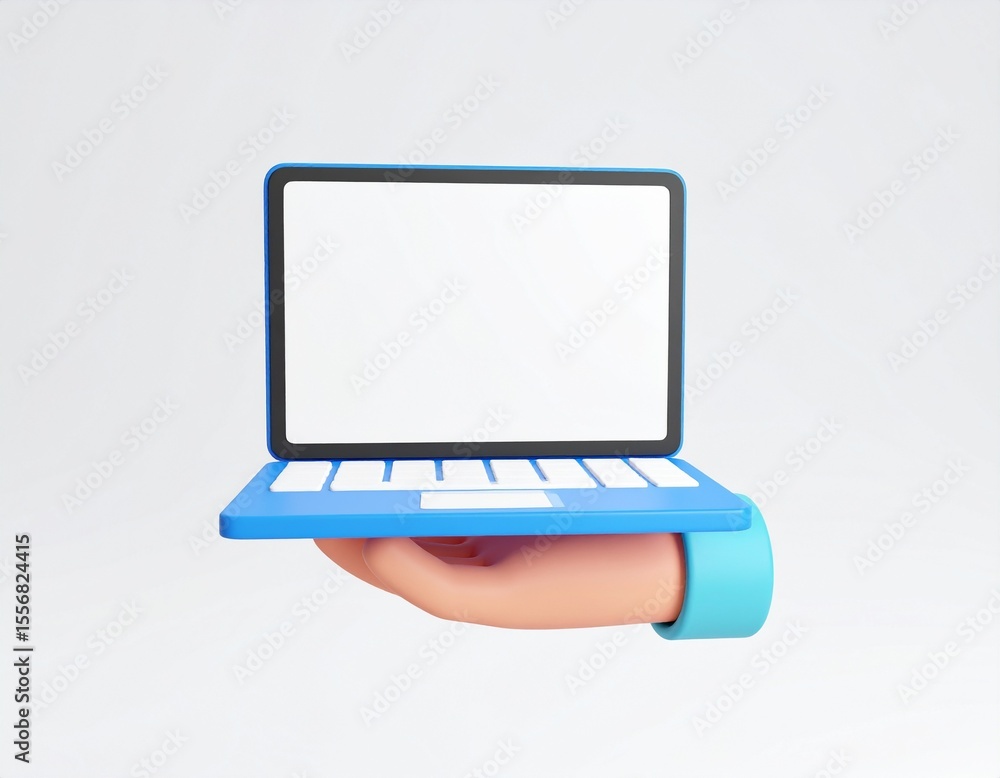 Laptop icon ,in hand 3D rendered in the white background blue wireframe Laptop icon ,in hand 3D rendered in the white background blue wireframe