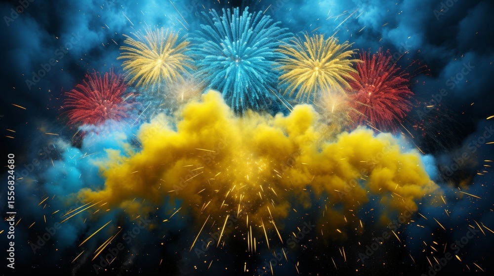 Fototapeta premium Vibrant festive background with colorful confetti, twinkling stars, and explosive firecrackers