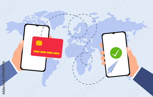 Transfer money by online internet banking all around the world flat vector illustration. Hands holding phones and sending and getting money by credit card on world map background