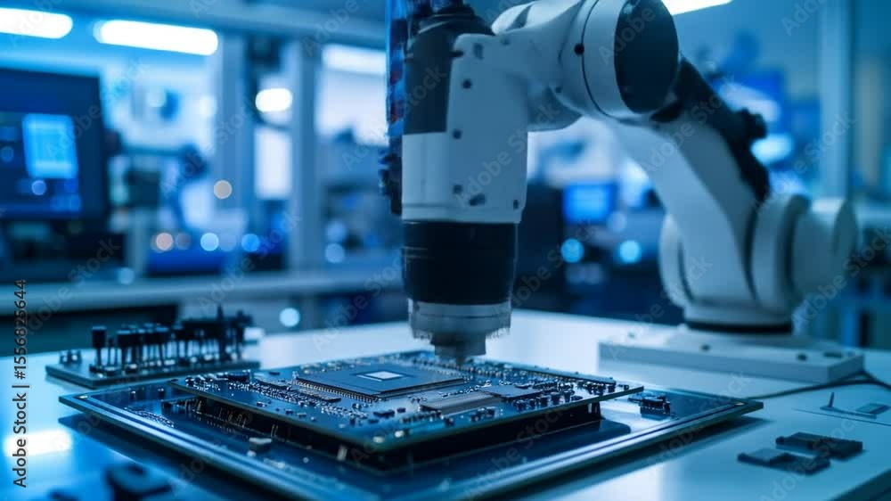 Robotic Arm Performing Precise Assembly On A Circuit Board In A Blue Lit Laboratory Robotic Arm Performing Precise Assembly On A Circuit Board In A Blue Lit Laboratory