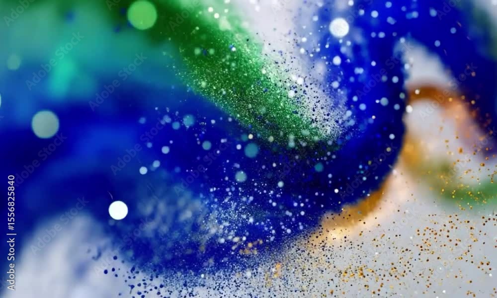 Particle of Blue, Green, White and Saffron Color Explosion of Glitter in Motion Close-Up