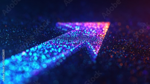 A vibrant, glowing arrow composed of blue and purple light particles points upward against a dark background.