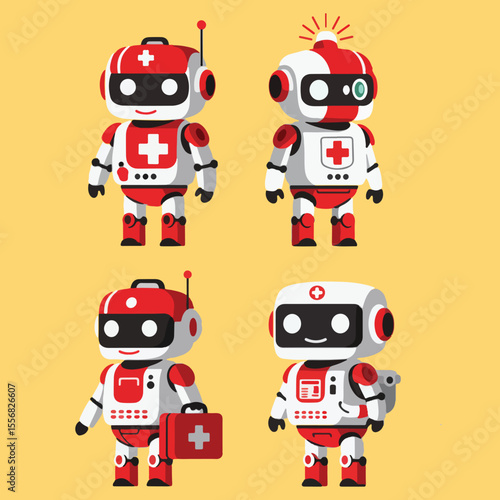 set minimalist geometric flat vector design of mini emergency medic robots