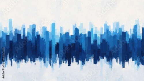 Abstract digital art featuring vertical blue and white brush strokes, creating a modern cityscape reflection effect on a light background.