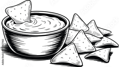 Black and white drawing of chips and dip in a bowl on white background