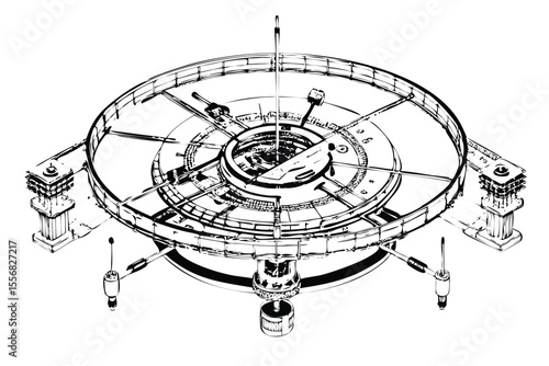 Space Station Labeled Blueprint in Stipple Ink Style. Fictional Orbital Habitat Technical Drawing. Sci-Fi Engraving