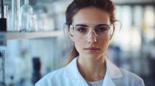 A young female scientist is focused in her laboratory, showcasing her dedication to research and innovation. Dressed in a lab coat with protective eyewear, she represents modern scientific inquiry.
