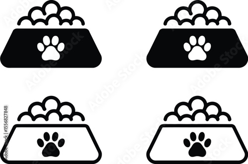 Four pet food bowls with paw prints and food pellets in black and white