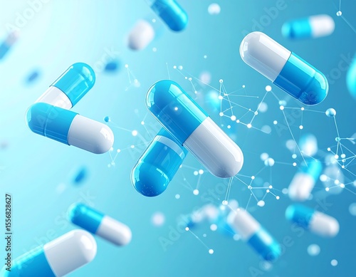 Floating pills in a scientific background
