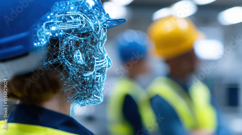Operational technology security defense. A digital wireframe face overlaid on a worker wearing a safety helmet, highlighting the integration of technology in industrial safety environments.