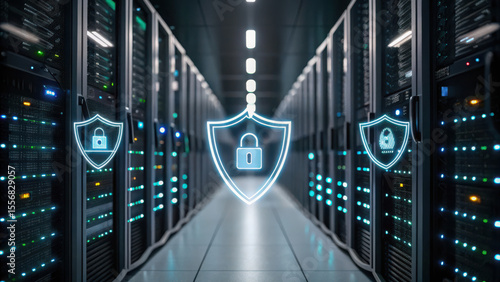 A modern data center with rows of servers secured by digital shield icons featuring padlocks, symbolizing cybersecurity and data protection.