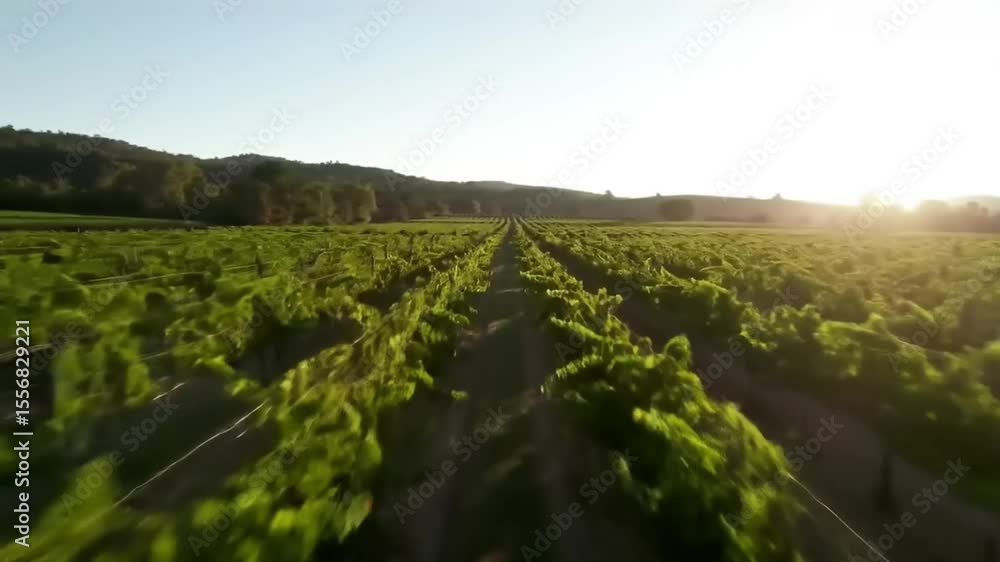 Aerial view of lush vineyard rows in golden sunlight, showcasing vibrant grapevines and hills Aerial view of lush vineyard rows in golden sunlight, showcasing vibrant grapevines and hills