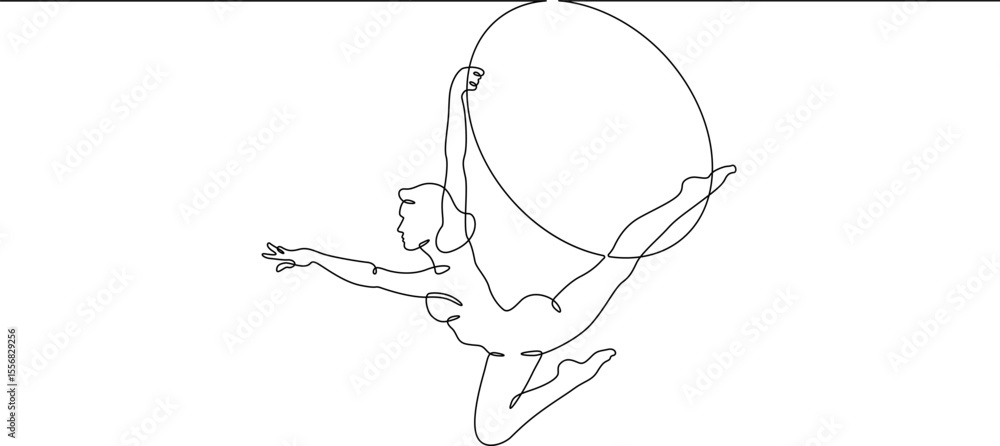 Fototapeta premium Continuous one line drawing Circus artist with a hoop. Beautiful equilibrist under the circus dome. Circus performance. One continuous line isolated minimal illustration.Not AI.