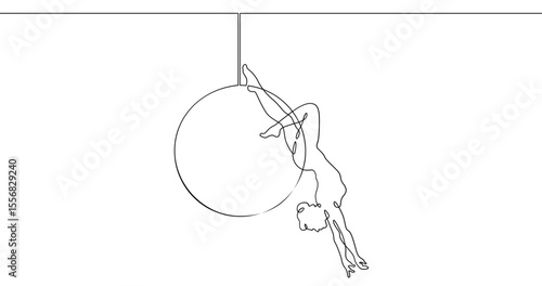 Continuous one line drawing Circus artist with a hoop. Beautiful equilibrist under the circus dome. Circus performance. One continuous line isolated minimal illustration.Not AI.