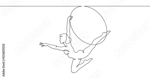 Continuous one line drawing Circus artist with a hoop. Beautiful equilibrist under the circus dome. Circus performance. One continuous line isolated minimal illustration.Not AI.