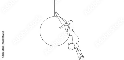 Continuous one line drawing Circus artist with a hoop. Beautiful equilibrist under the circus dome. Circus performance. One continuous line isolated minimal illustration.Not AI.