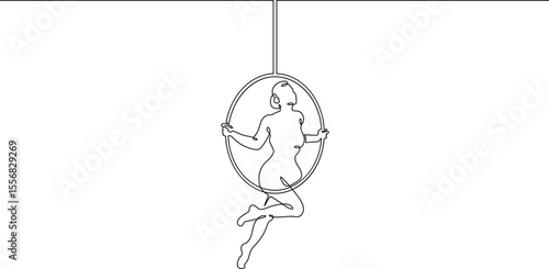 Continuous one line drawing Circus artist with a hoop. Beautiful equilibrist under the circus dome. Circus performance. One continuous line isolated minimal illustration.Not AI.