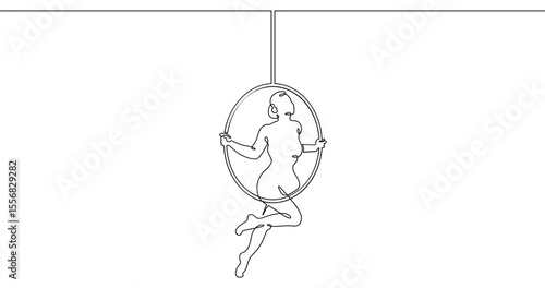 Continuous one line drawing Circus artist with a hoop. Beautiful equilibrist under the circus dome. Circus performance. One continuous line isolated minimal illustration.Not AI.