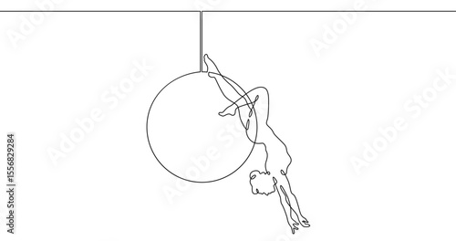Continuous one line drawing Circus artist with a hoop. Beautiful equilibrist under the circus dome. Circus performance. One continuous line isolated minimal illustration.Not AI.